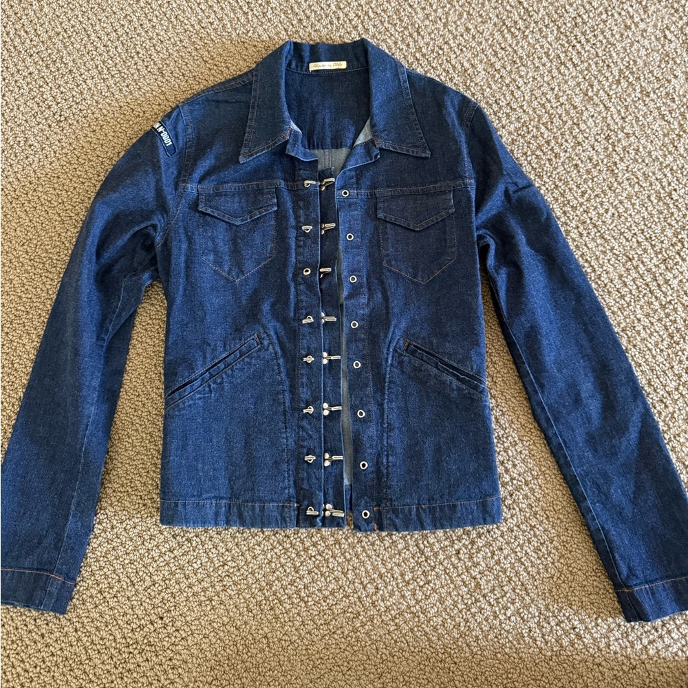 Jean Paul Gaultier Dark Blue Jean Jacket with hook enclosures. Size 44.